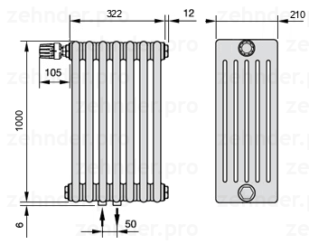 Схема (чертеж) Радиатор Zehnder Charleston 6100/7 №V007 Белый глянцевый RAL 9016